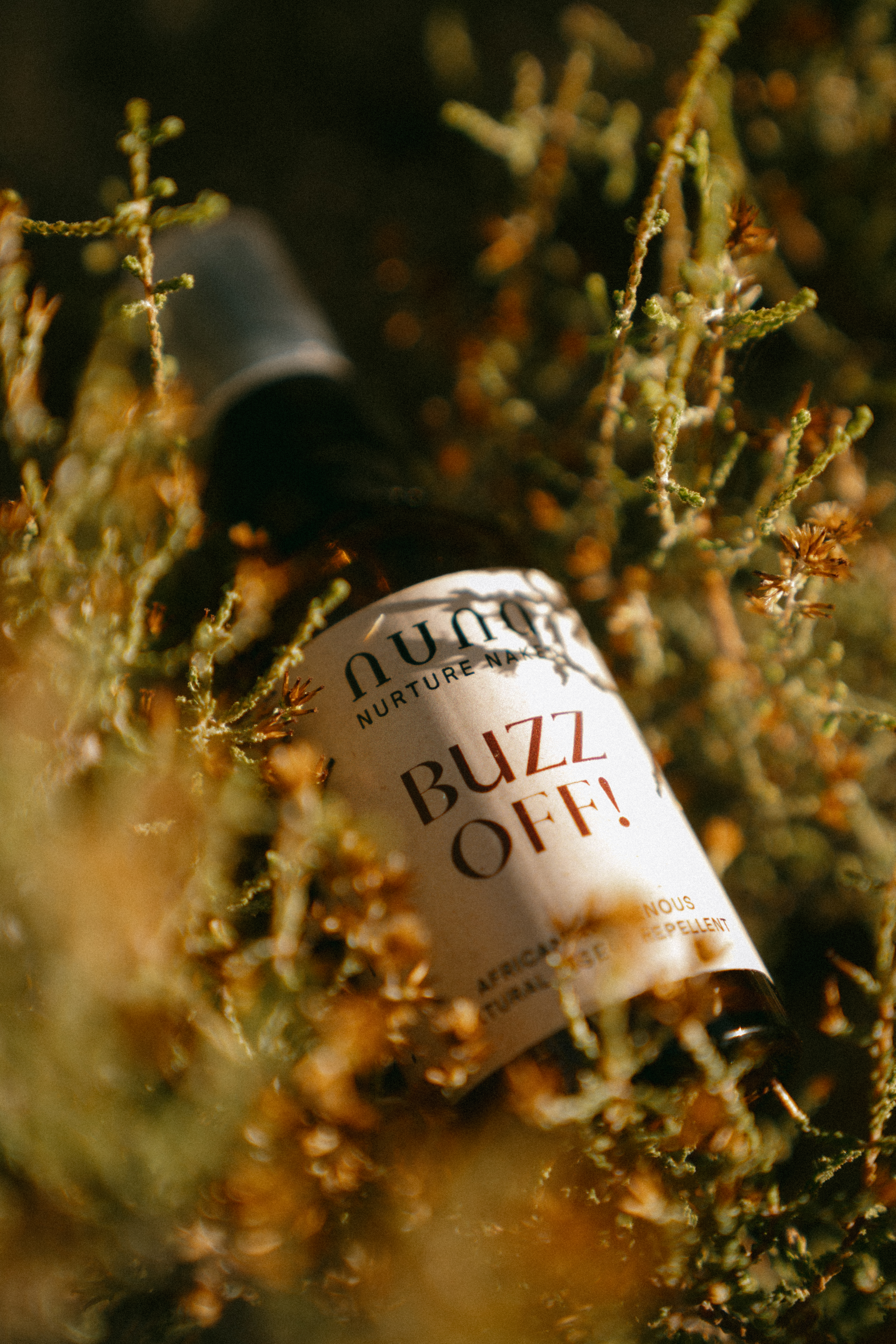 Buzz Off! Natural Insect Repellent by NUNA close-up in foliage.